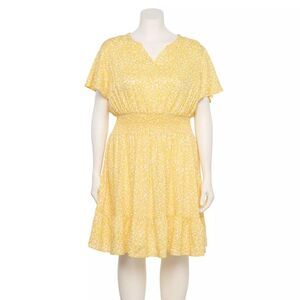 Womens Croft & Barrow Yellow Ditsy Floral Smocked Waist Plus Size 2X Dress